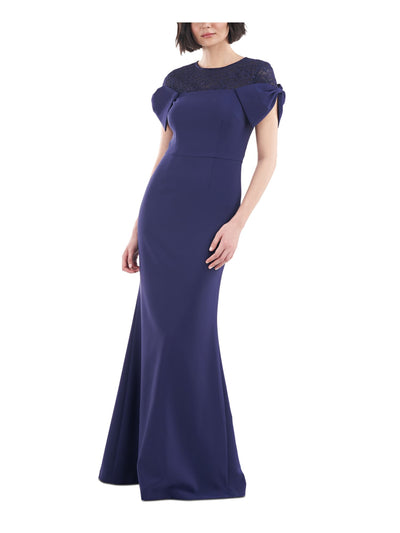 JS COLLECTION Womens Navy Zippered Slitted Bow Detail Cap Sleeves Crew Neck Full-Length Formal Gown Dress 2