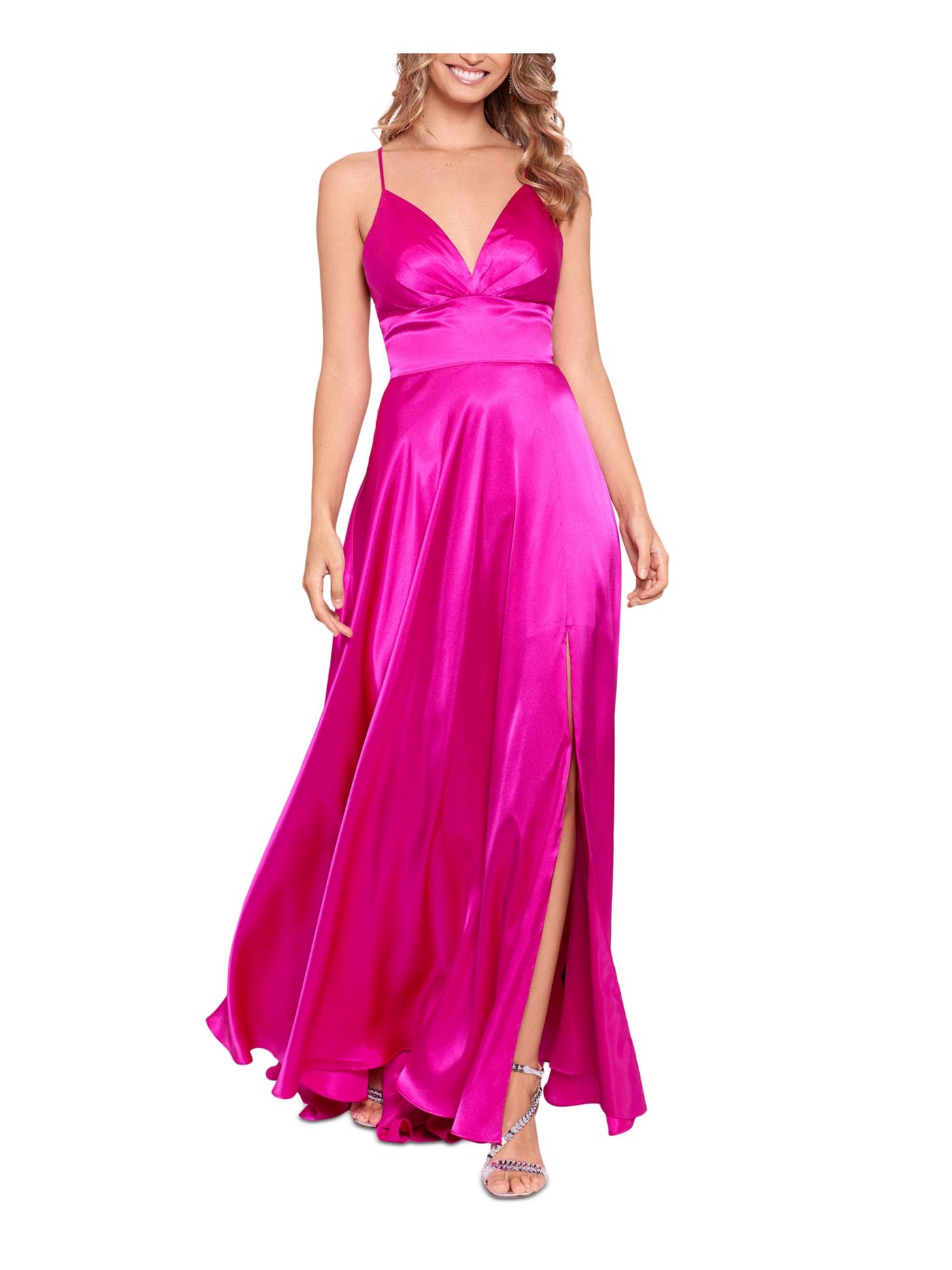 BLONDIE Womens Pink Slitted Zippered Corset Back Spaghetti Strap V Neck Full-Length Formal Gown Dress 3