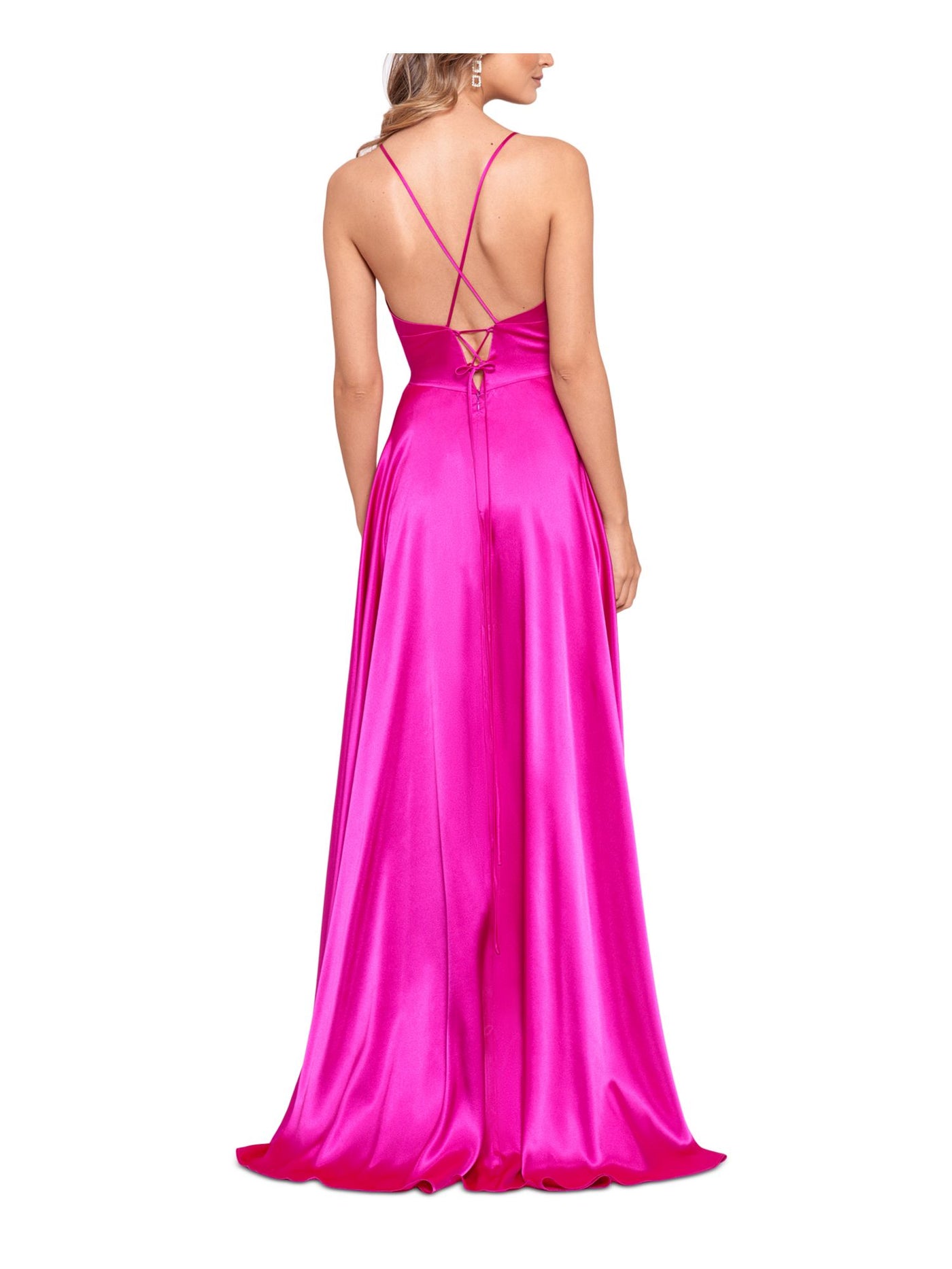 BLONDIE Womens Pink Slitted Zippered Corset Back Spaghetti Strap V Neck Full-Length Formal Gown Dress 3