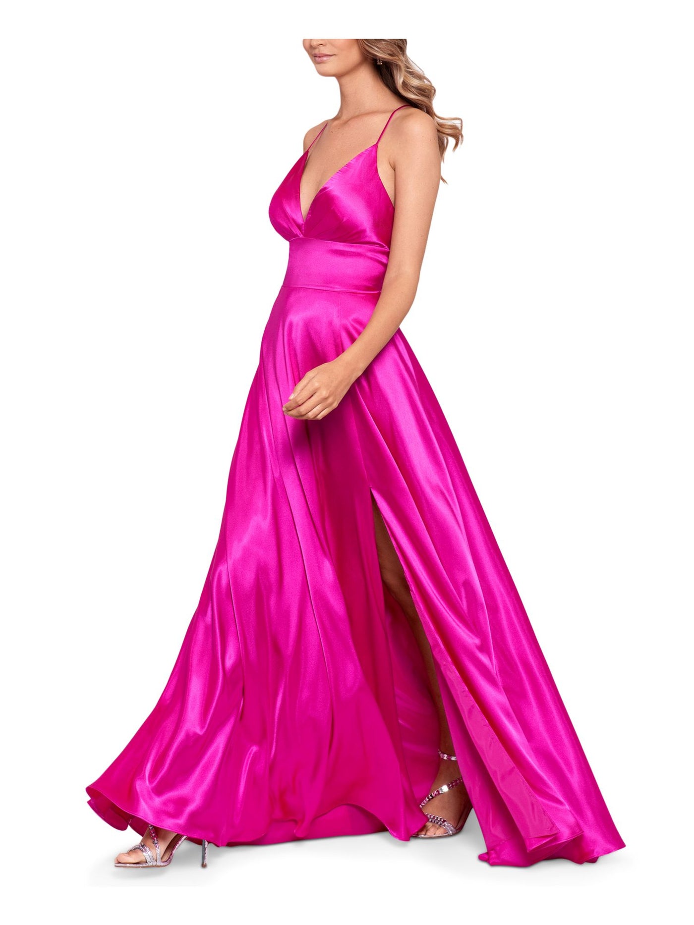 BLONDIE Womens Pink Slitted Zippered Corset Back Spaghetti Strap V Neck Full-Length Formal Gown Dress 3