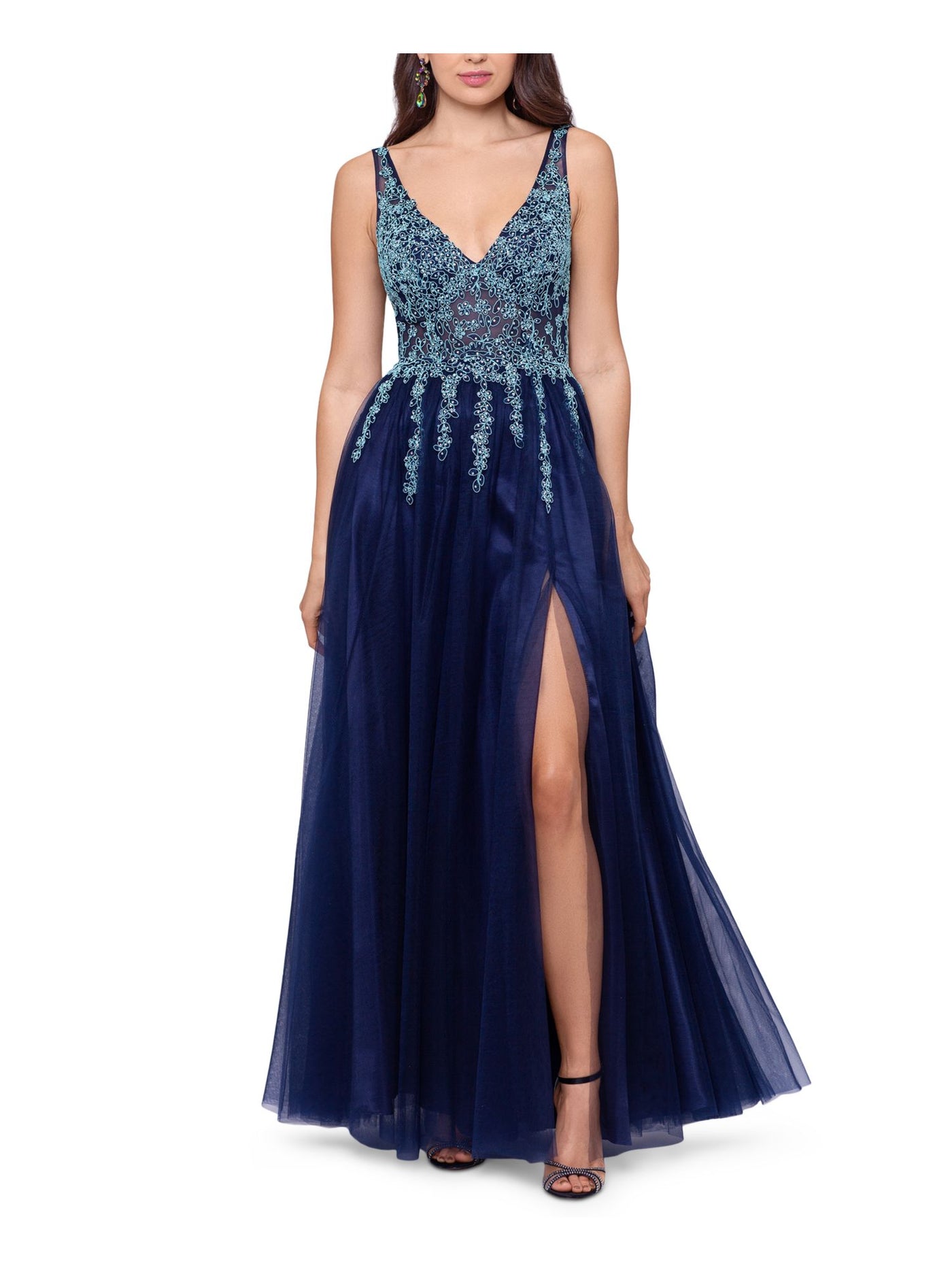 BLONDIE NITES Womens Navy Mesh Embellished Zippered Sheer Beaded Front Slit Lined Sleeveless V Neck Full-Length Evening Gown Dress 1