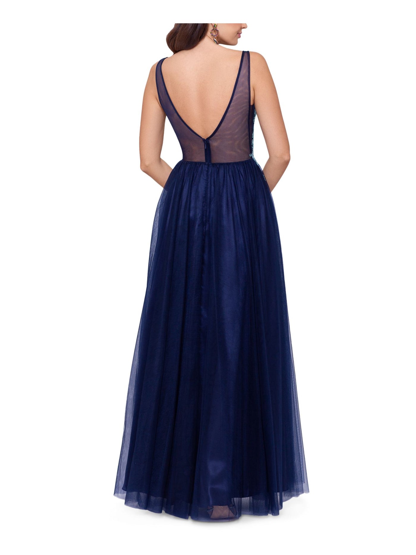 BLONDIE NITES Womens Navy Mesh Embellished Zippered Sheer Beaded Front Slit Lined Sleeveless V Neck Full-Length Evening Gown Dress 1