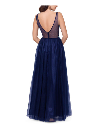 BLONDIE Womens Navy Mesh Embellished Zippered Sheer Beaded Front Slit Lined Sleeveless V Neck Full-Length Evening Gown Dress 9