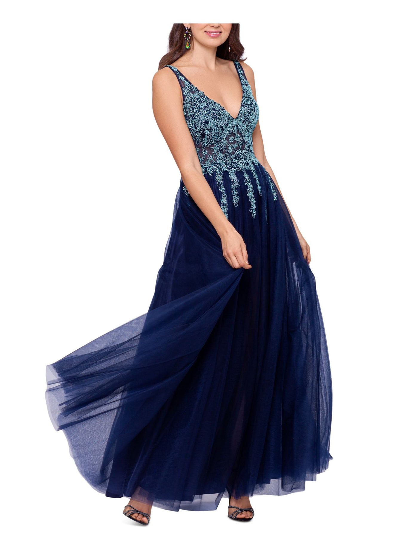 BLONDIE NITES Womens Mesh Embellished Zippered Sheer Beaded Front Slit Lined Sleeveless V Neck Full-Length Evening Gown Dress
