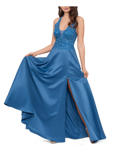 BLONDIE Womens Blue Embellished Zippered Plunging V-neck Mesh Back Straps Sleeveless Full-Length Prom Fit + Flare Dress 15