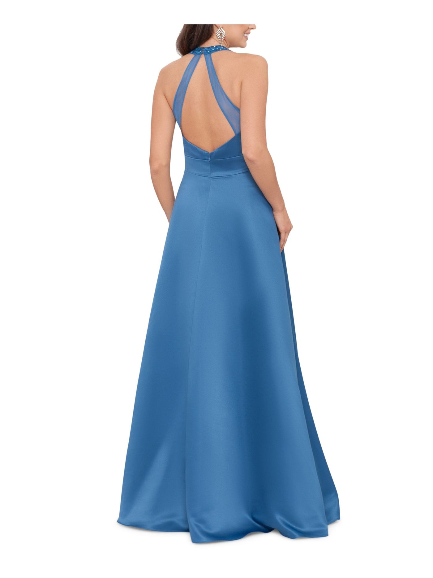 BLONDIE NITES Womens Blue Embellished Zippered Plunging V-neck Mesh Back Straps Sleeveless Full-Length Prom Fit + Flare Dress 7