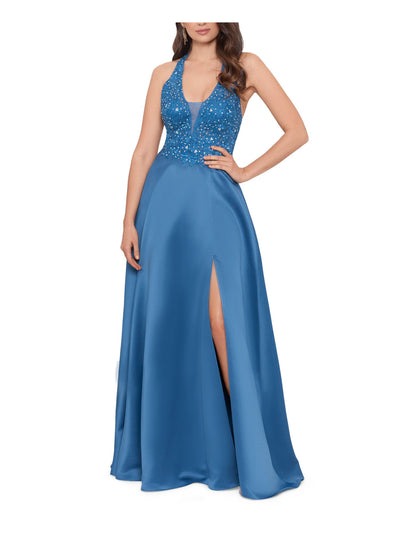 BLONDIE Womens Blue Embellished Zippered Plunging V-neck Mesh Back Straps Sleeveless Full-Length Prom Fit + Flare Dress 17