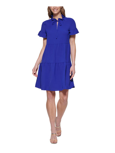 DKNY Womens Blue Stretch Ruffled Unlined Tiered Pullover Sheer Short Sleeve Tie Neck Above The Knee Shift Dress 2