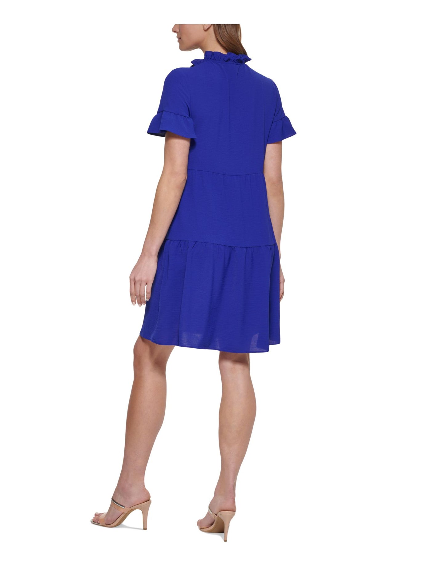 DKNY Womens Blue Stretch Ruffled Unlined Tiered Pullover Sheer Short Sleeve Tie Neck Above The Knee Shift Dress 2