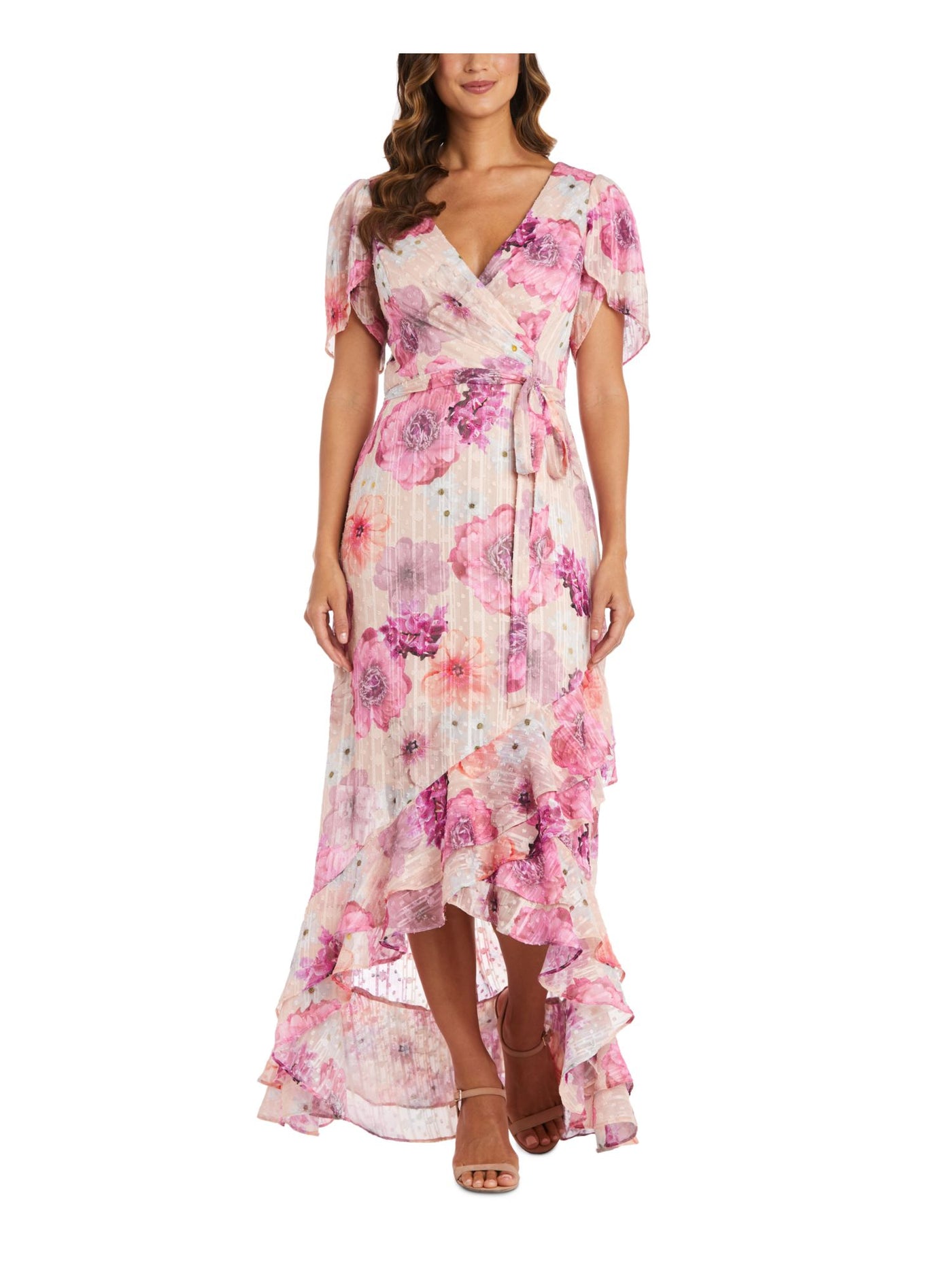 NIGHTWAY Womens Ruffled Flutter Sleeve Surplice Neckline Maxi Party Faux Wrap Dress