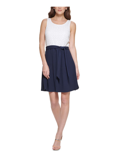 DKNY Womens White Zippered Tie Partially Lined Color Block Sleeveless Round Neck Above The Knee Fit + Flare Dress 8