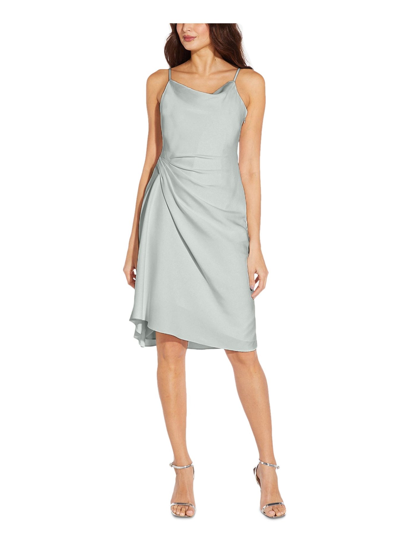 AIDAN AIDAN MATTOX Womens Green Adjustable Zippered Slip Silhouette Pullover Pleated Spaghetti Strap Cowl Neck Knee Length Cocktail Dress 6