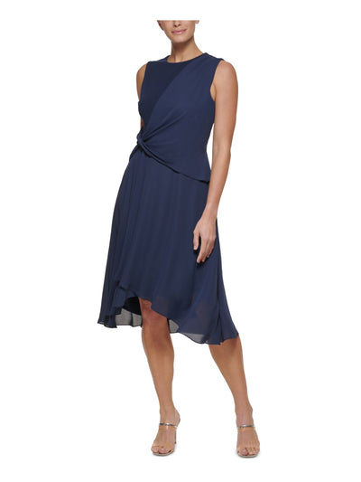 DKNY Womens Navy Zippered Twist Front Draped Lined Hi Lo Hem Overlay Sleeveless Round Neck Below The Knee Fit + Flare Dress 12