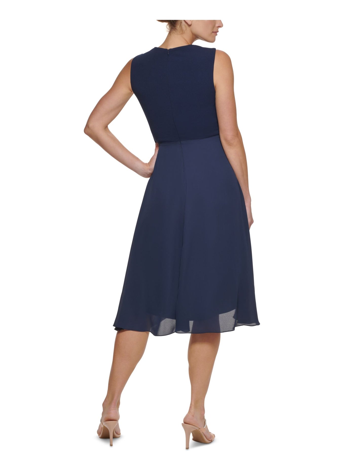 DKNY Womens Navy Zippered Twist Front Draped Lined Hi Lo Hem Overlay Sleeveless Round Neck Below The Knee Fit + Flare Dress 12