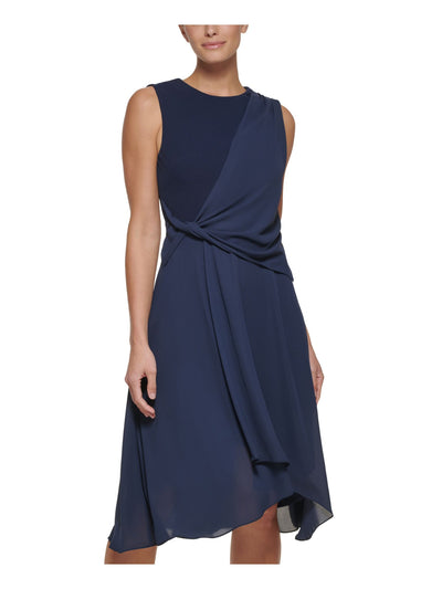 DKNY Womens Navy Zippered Twist Front Draped Lined Hi Lo Hem Overlay Sleeveless Round Neck Below The Knee Fit + Flare Dress 12