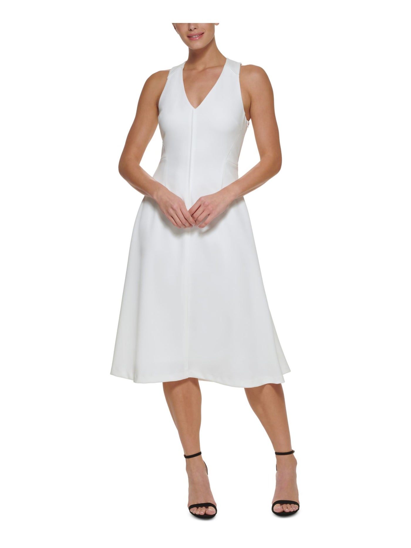 DKNY Womens Ivory Zippered Crisscross Back Lined Sleeveless V Neck Midi Fit + Flare Dress 14