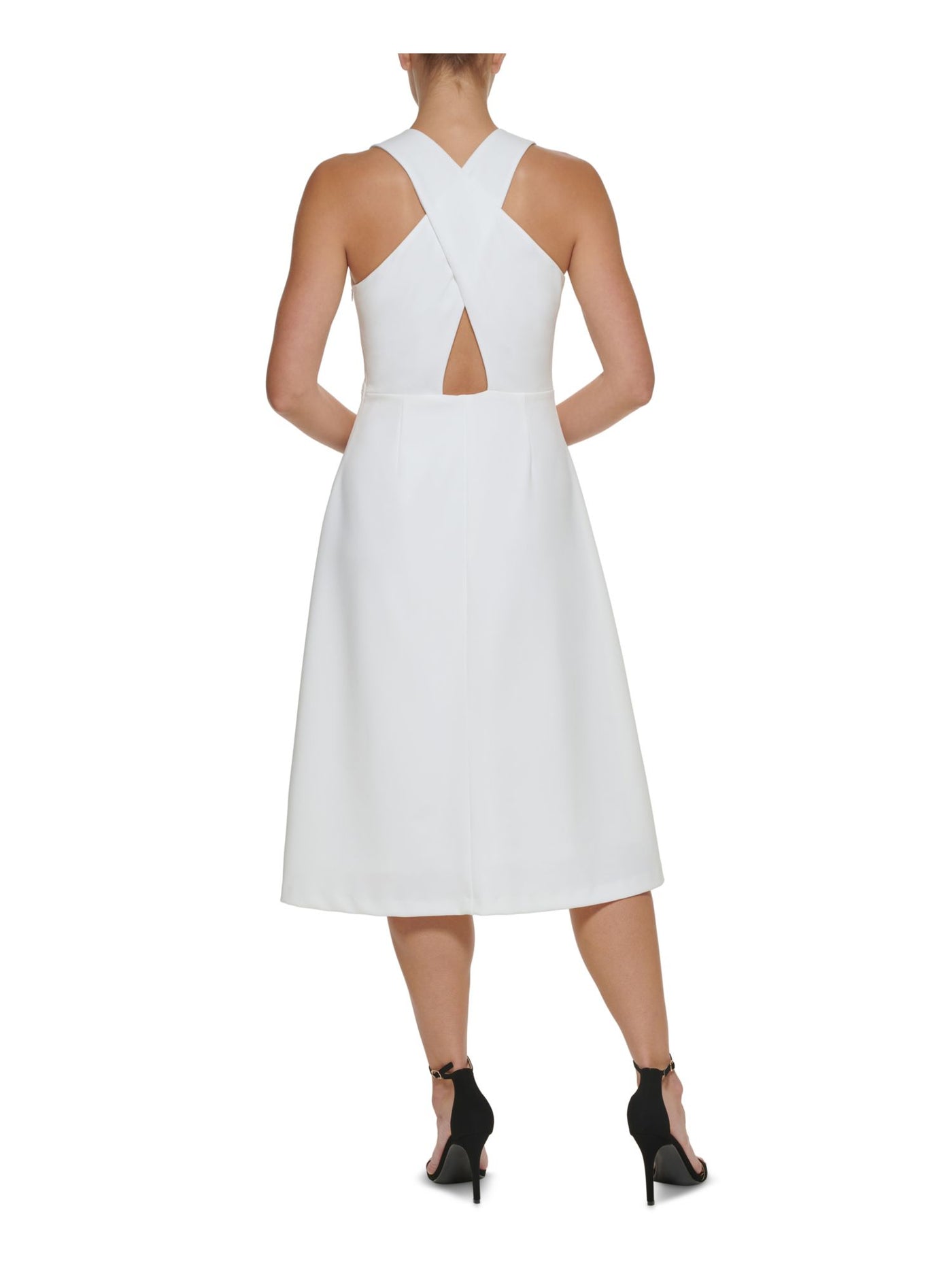 DKNY Womens Ivory Zippered Crisscross Back Lined Sleeveless V Neck Midi Fit + Flare Dress 10