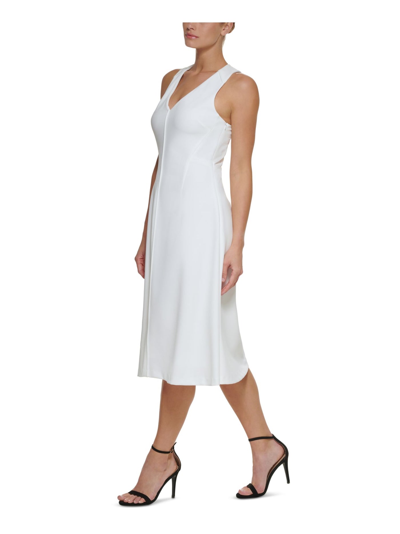 DKNY Womens White Zippered Crisscross Back Lined Sleeveless V Neck Midi Fit + Flare Dress 12