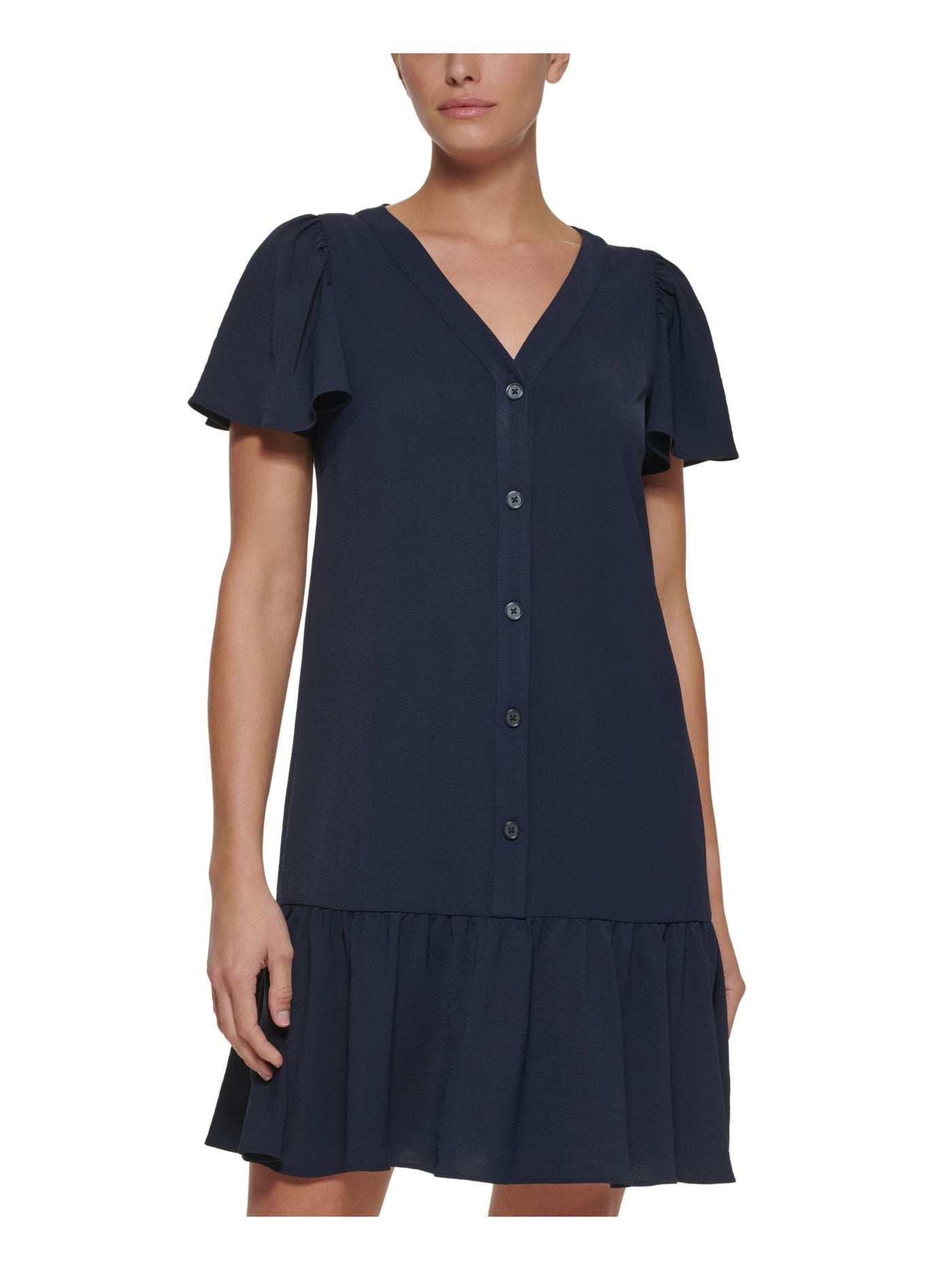 DKNY Womens Navy Sheer Ruffled Button Down Unlined Flutter Sleeve V Neck Above The Knee Shift Dress 8