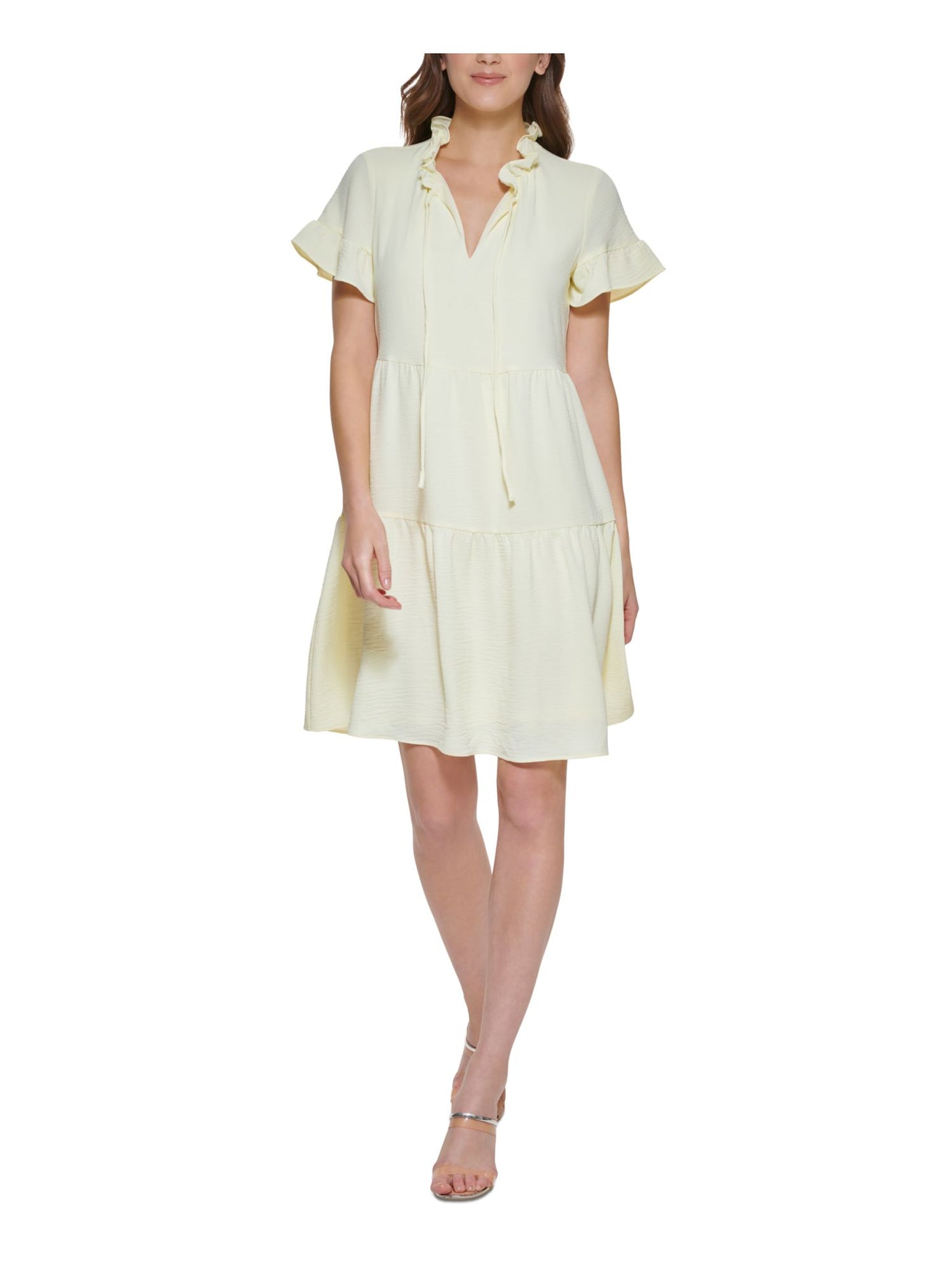 DKNY Womens Yellow Ruffled Tiered Lined Tie Neck Pullover Short Sleeve Split Above The Knee Wear To Work Baby Doll Dress 8