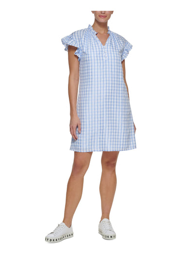 DKNY Womens Blue Ruffled Button Detail Lined Gingham Flutter Sleeve Split Short Shift Dress 8