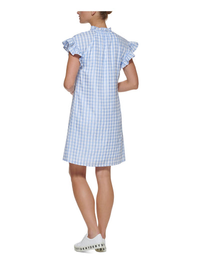 DKNY Womens Light Blue Ruffled Button Detail Lined Gingham Flutter Sleeve Split Short Shift Dress 4