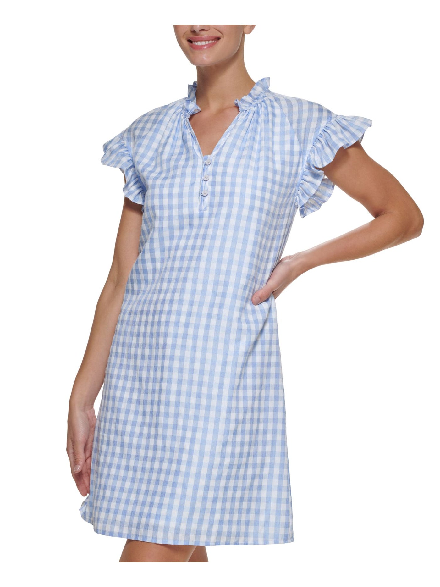 DKNY Womens Light Blue Ruffled Button Detail Lined Gingham Flutter Sleeve Split Short Shift Dress 6