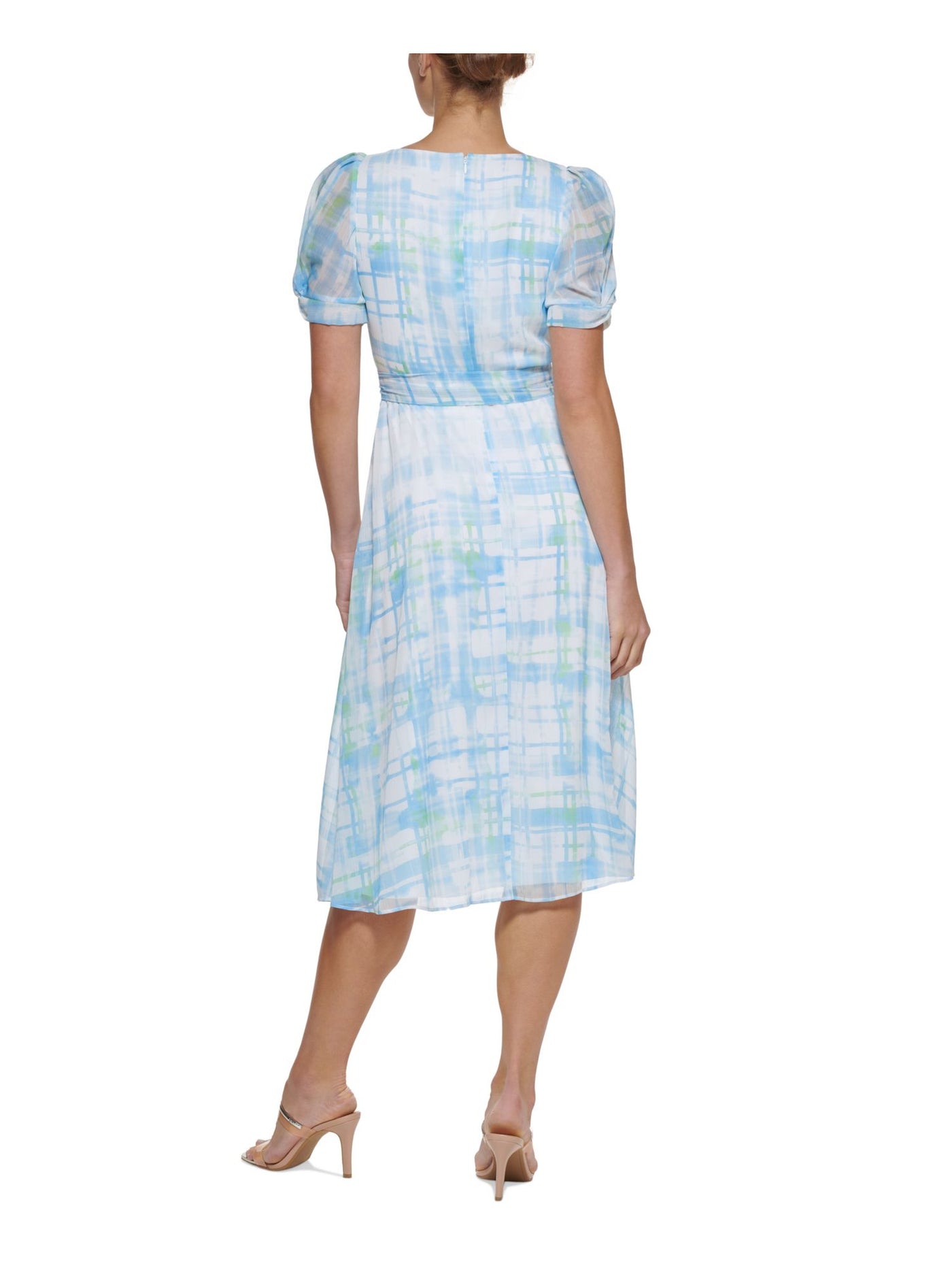 DKNY Womens White Zippered Twist At Cuff Lined Tie Waist Plaid Pouf Sleeve Surplice Neckline Midi Wear To Work Fit + Flare Dress 6