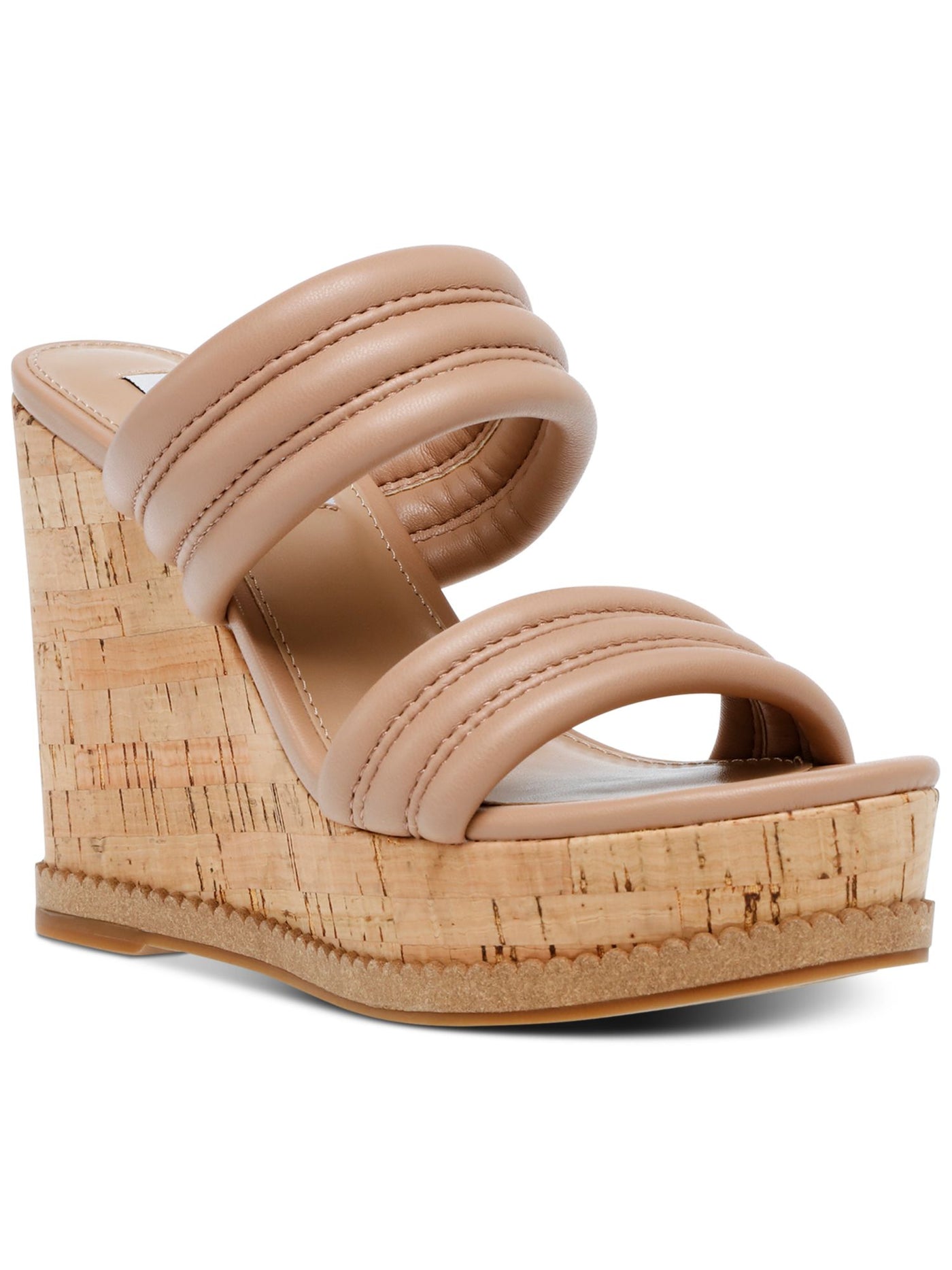 STEVE MADDEN Womens Beige 1-1/2" Platform Cork-Like Quilted Wipeout Round Toe Wedge Slip On Heeled Sandal 9.5