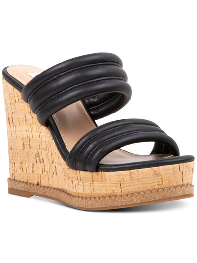 STEVE MADDEN Womens Black 1-1/2" Platform Cork-Like Quilted Wipeout Round Toe Wedge Slip On Heeled Sandal 10 M