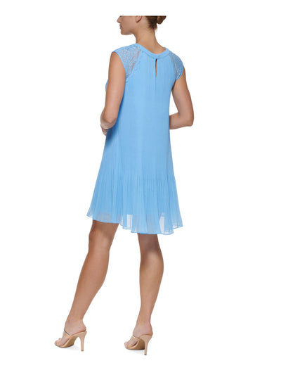 DKNY Womens Blue Pleated Lace Hook And Eye Closure Pullover Cap Sleeve Round Neck Above The Knee Trapeze Dress 12