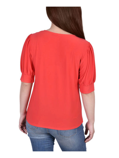 NOTATIONS Womens Coral Pleated Hardware Balloon Sleeve Scoop Neck Top Petites PM