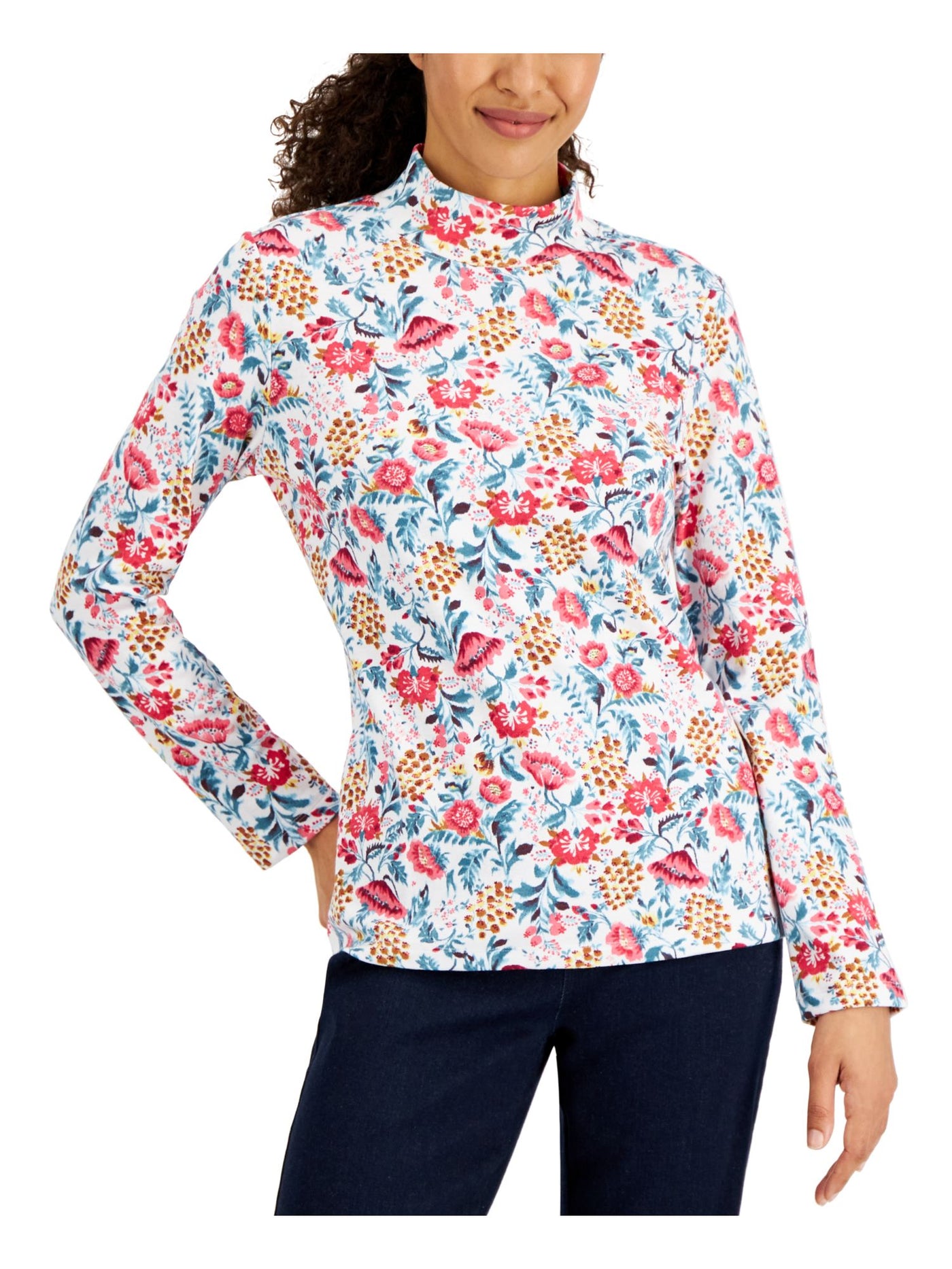 KAREN SCOTT Womens White Floral Long Sleeve Mock Neck Top XL