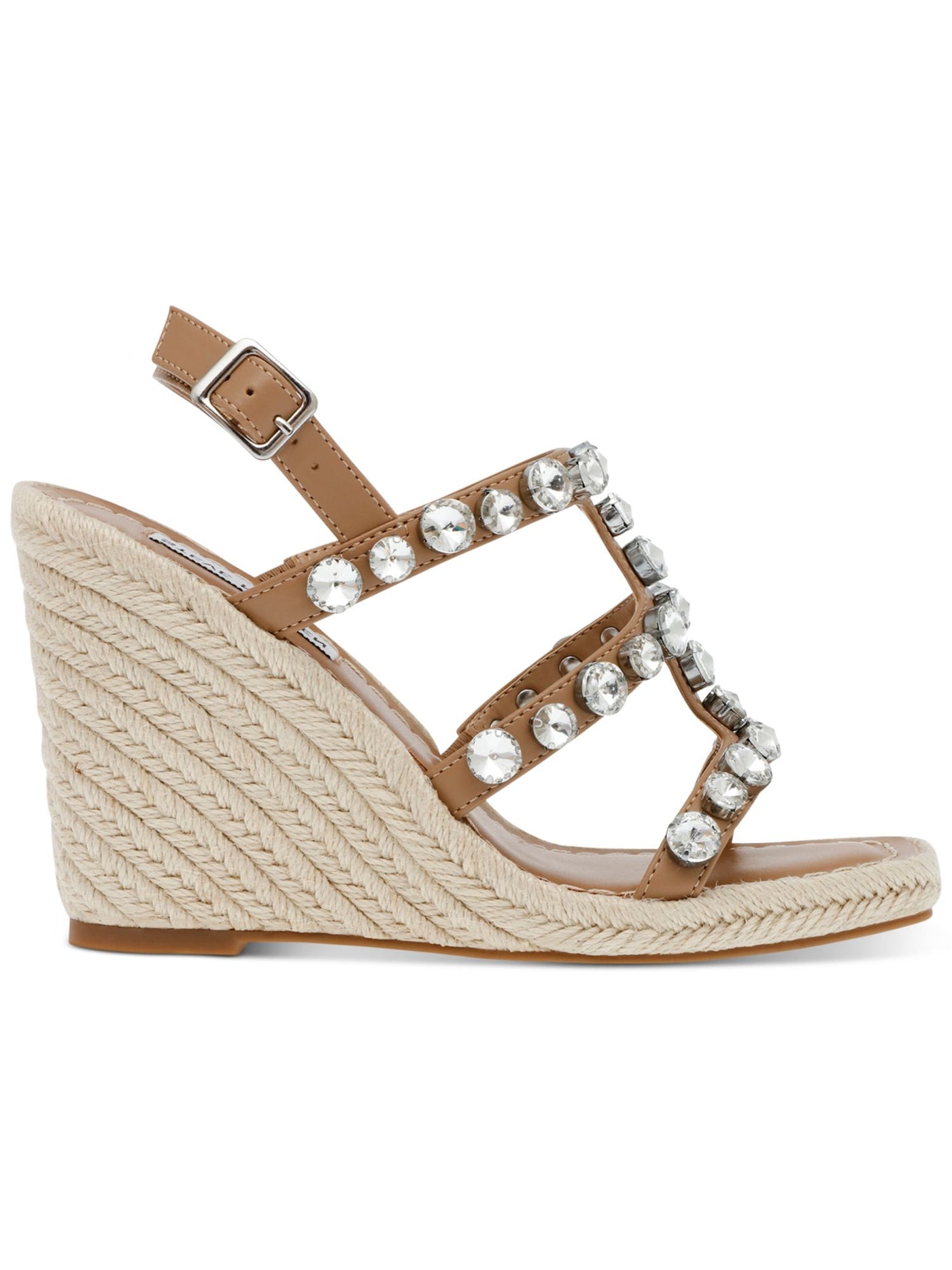 STEVE MADDEN Womens Beige Gem Accent Strappy Upright Square Toe Wedge Buckle Espadrille Shoes 11 M