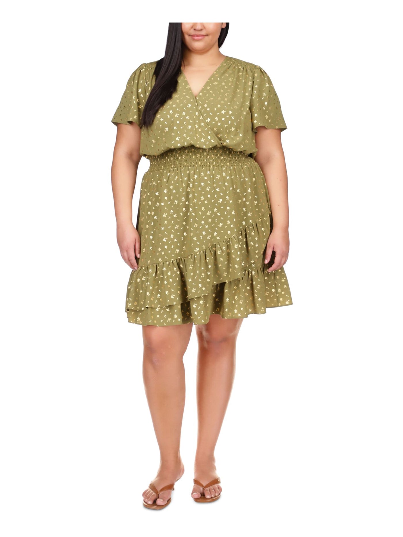 MICHAEL MICHAEL KORS Womens Green Smocked Ruffled Unlined Hook And Eye Closure Printed Short Sleeve V Neck Above The Knee Faux Wrap Dress Plus 2X