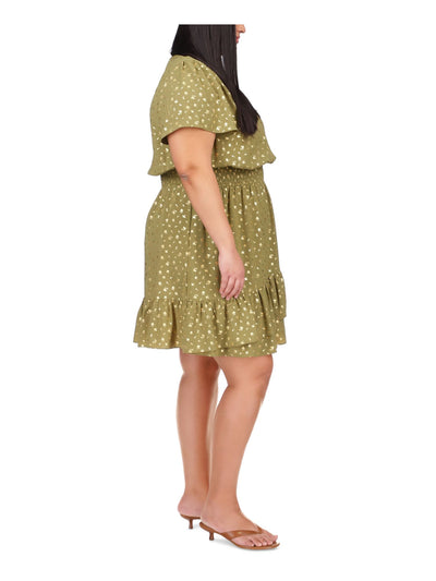 MICHAEL MICHAEL KORS Womens Green Smocked Ruffled Unlined Hook And Eye Closure Printed Short Sleeve V Neck Above The Knee Faux Wrap Dress Plus 2X