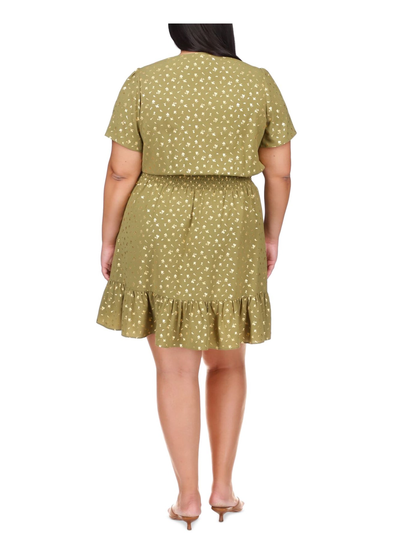 MICHAEL MICHAEL KORS Womens Green Smocked Ruffled Unlined Hook And Eye Closure Printed Short Sleeve V Neck Above The Knee Faux Wrap Dress Plus 1X