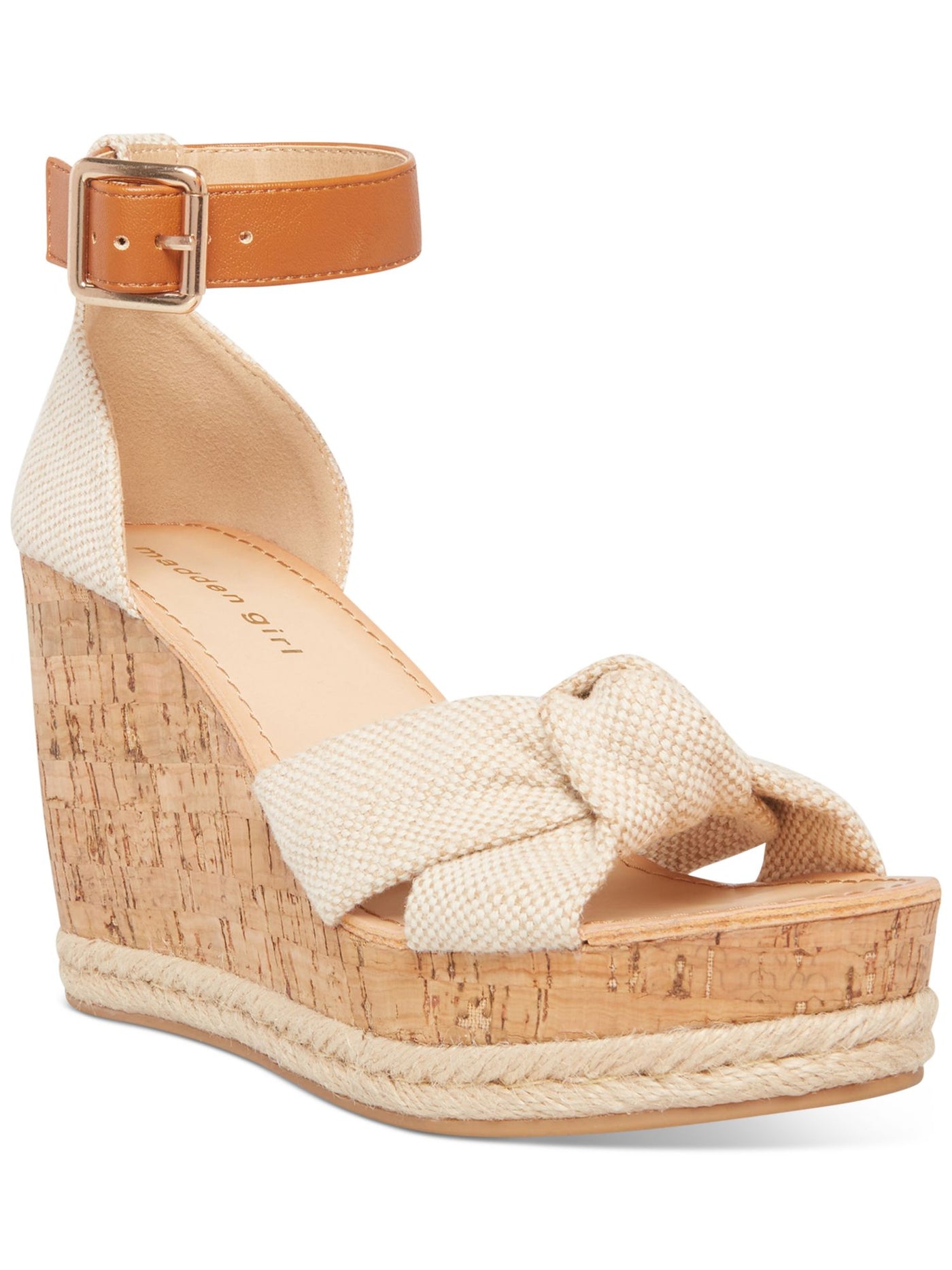 MADDEN GIRL Womens White Patterned Knot Cork Woven 1-1/2" Platform Adjustable Strap Ankle Strap Colette Round Toe Wedge Buckle Heeled Sandal 10 M