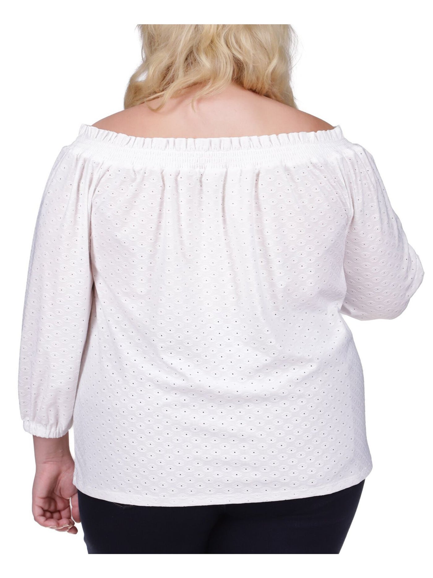 MICHAEL MICHAEL KORS Womens White Eyelet Smocked Elastic Cuffs Unlined 3/4 Sleeve Boat Neck Top Plus 2X