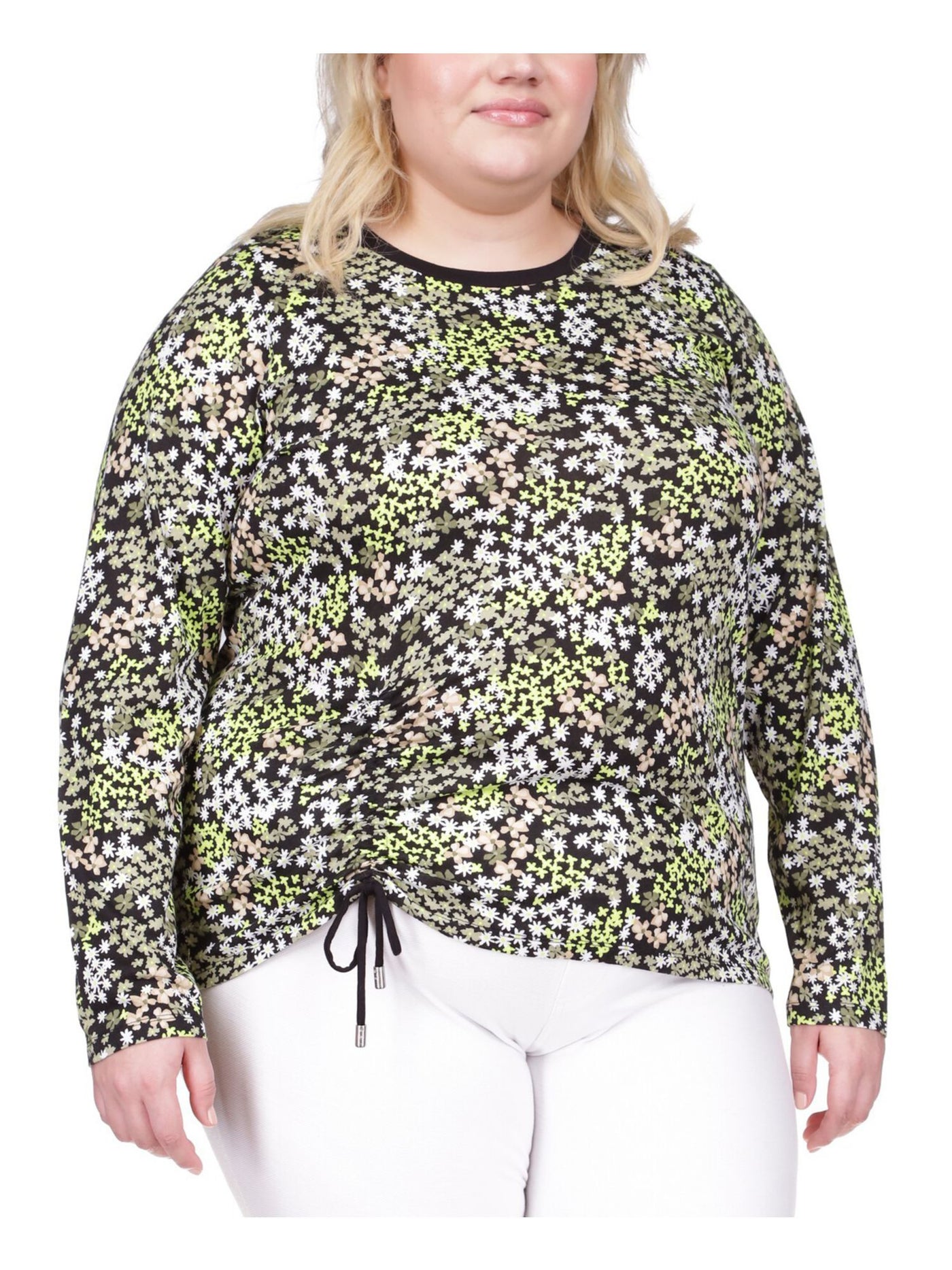 MICHAEL MICHAEL KORS Womens Black Ruched Drawstring At Hem Floral Long Sleeve Crew Neck Top Plus 2X