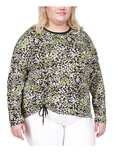 MICHAEL MICHAEL KORS Womens Black Ruched Drawstring At Hem Floral Long Sleeve Crew Neck Top Plus 2X