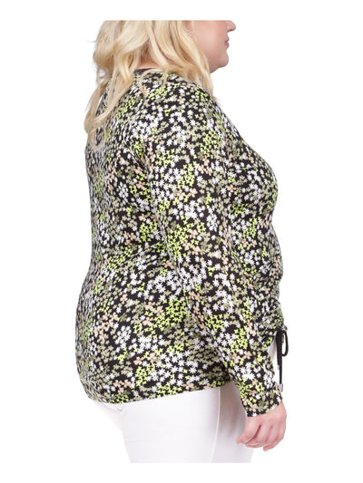 MICHAEL MICHAEL KORS Womens Black Ruched Drawstring At Hem Floral Long Sleeve Crew Neck Top Plus 2X
