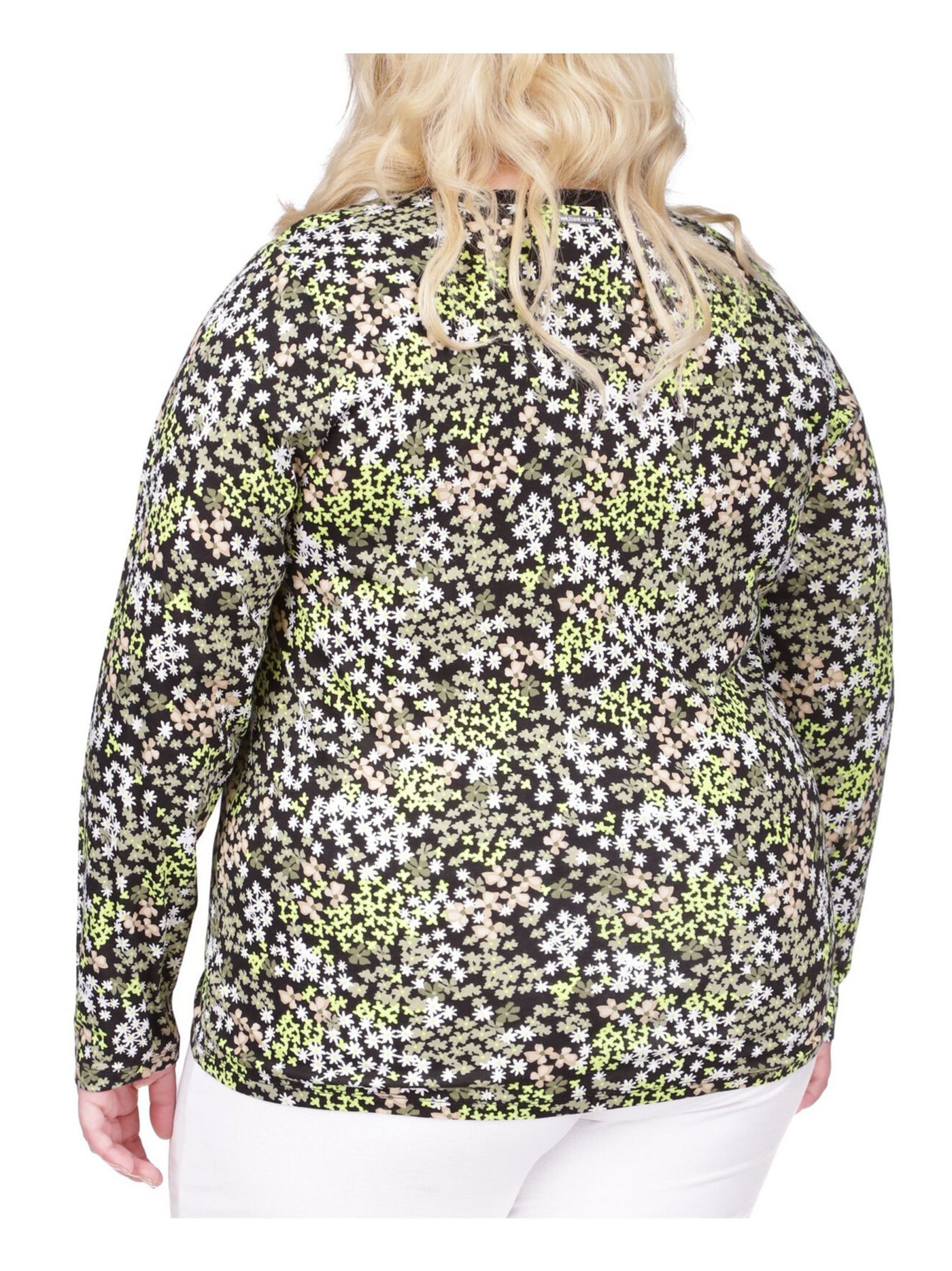 MICHAEL MICHAEL KORS Womens Black Ruched Drawstring At Hem Floral Long Sleeve Crew Neck Top Plus 2X