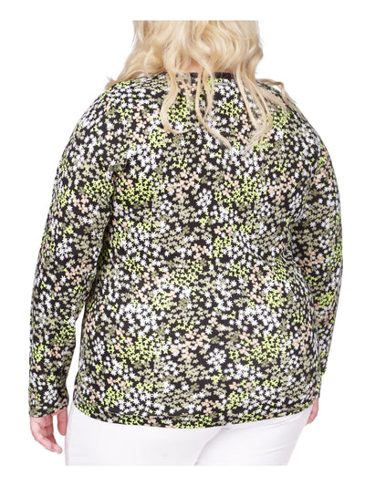 MICHAEL MICHAEL KORS Womens Black Ruched Drawstring At Hem Floral Long Sleeve Crew Neck Top Plus 2X