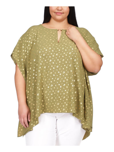 MICHAEL KORS Womens Green Flutter Sleeve Keyhole Top Plus 0X