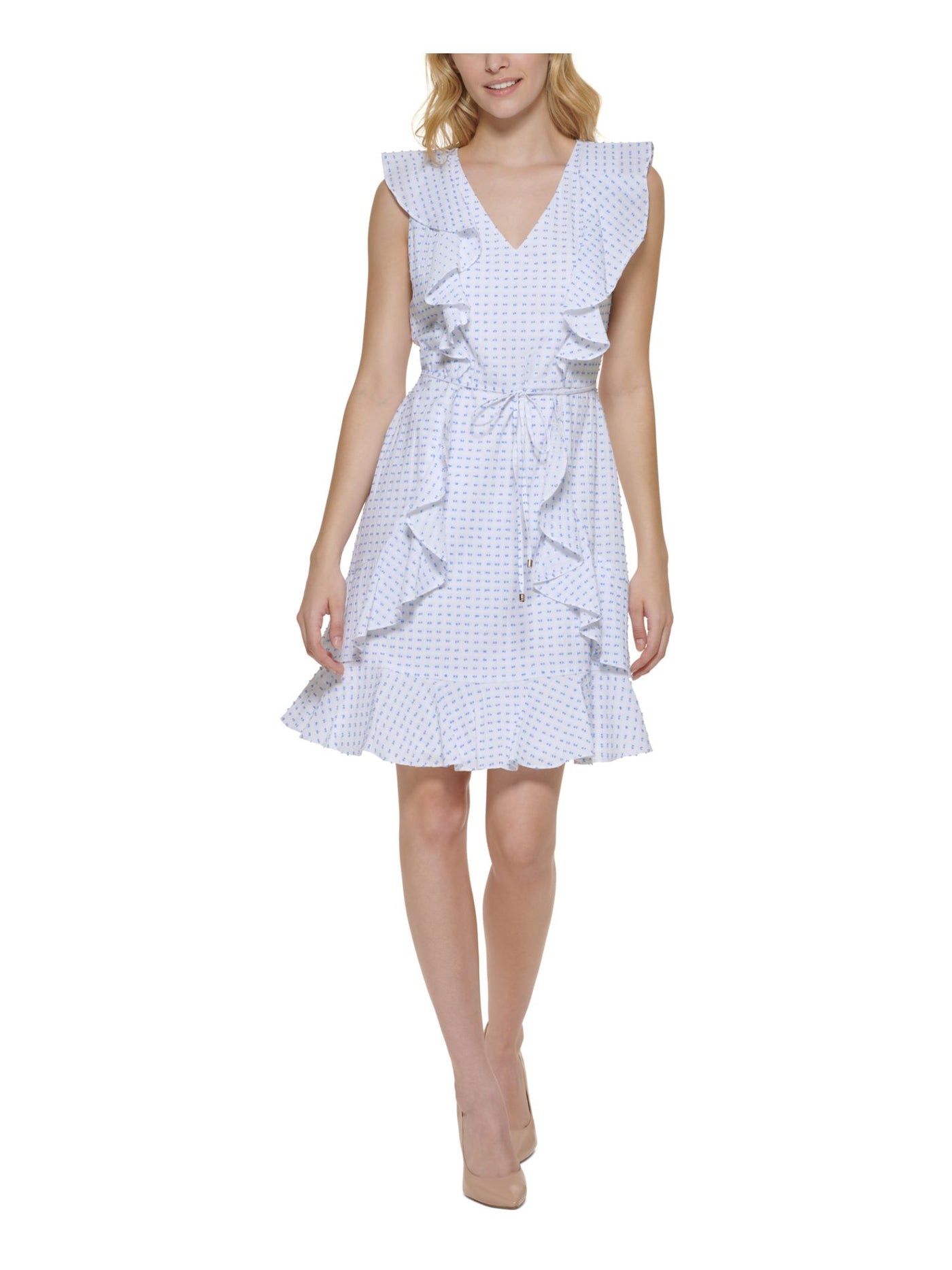 TOMMY HILFIGER Womens White Zippered Ruffled Tie Waist Lined Flutter Sleeve V Neck Above The Knee Fit + Flare Dress 10