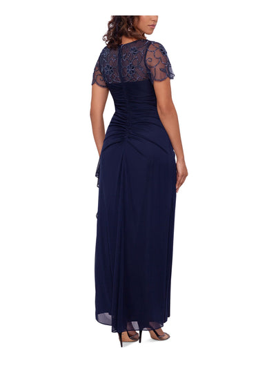 XSCAPE Womens Navy Embellished Zippered Pleated Drape Skirt Short Sleeve Boat Neck Full-Length Evening Gown Dress 8