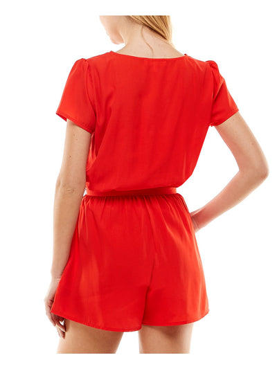 BEBOP Womens Red Belted Pull-on Elastic Waist Cap Sleeve Surplice Neckline Wide Leg Romper XXS