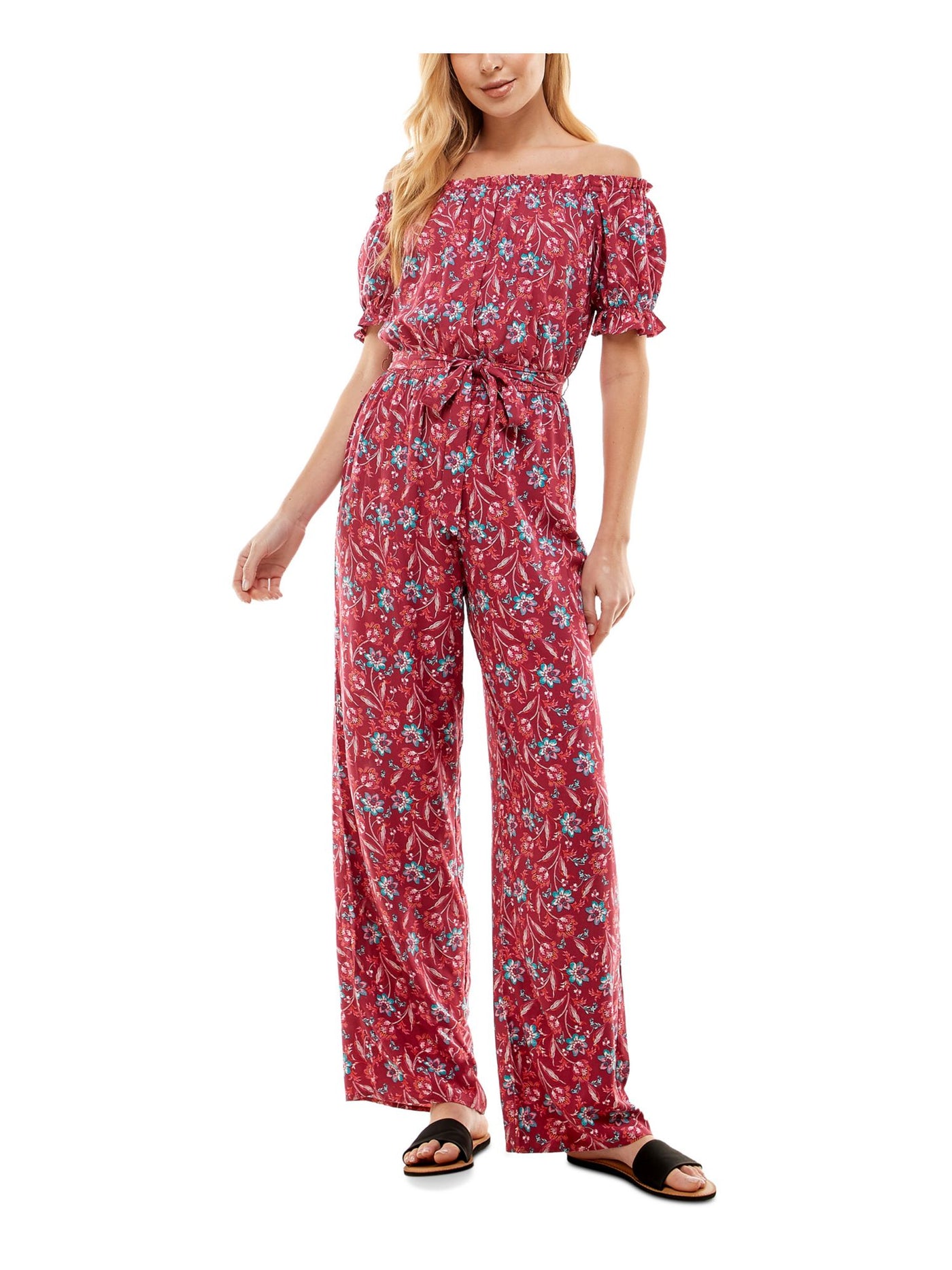 KINGSTON GREY Womens Burgundy Ruffled Self Tie Belt Pull On Style Floral Short Sleeve Off Shoulder Straight leg Jumpsuit XXS