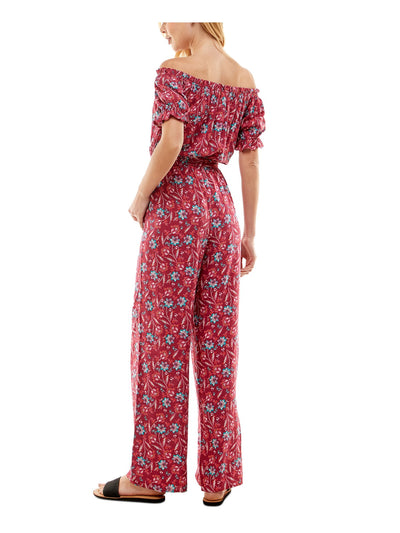 KINGSTON GREY Womens Burgundy Ruffled Self Tie Belt Pull On Style Floral Short Sleeve Off Shoulder Straight leg Jumpsuit M